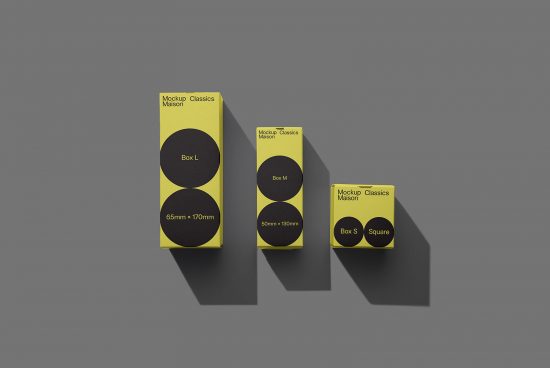 Three yellow packaging mockup boxes in different sizes with modern design, labeled Mockup Classics Maison, showcased on a gray background for designers.