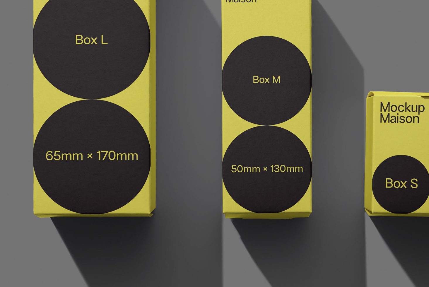 Three sizes of yellow packaging box mockups with black circles and dimensions displayed for graphic designers in product branding.