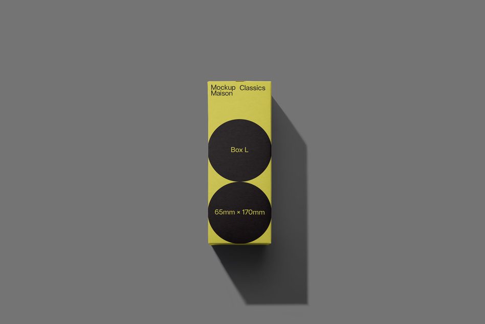 Yellow box mockup with two black circles, Box L label, 65mm x 170mm specs
