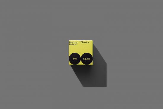 Yellow square packaging box mockup with realistic shadows for product design presentation, ideal for designers and mockup graphics.