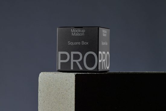 Sleek square box mockup by Mockup Maison on a gray backdrop, ideal for packaging design presentations and portfolio showcases.