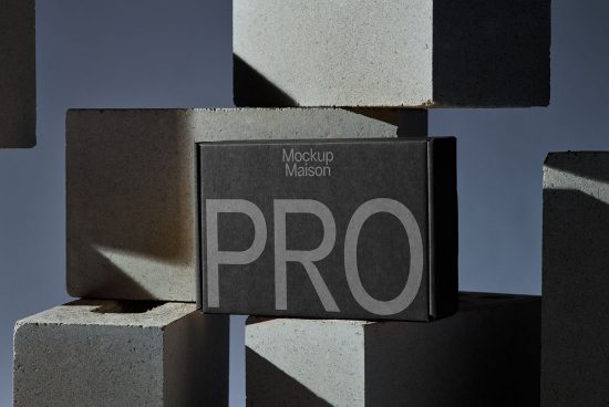Product box mockup featuring bold typography on concrete blocks with dynamic shadows, ideal for design presentations, packaging, and branding.