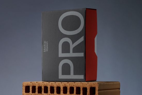 Product packaging mockup featuring a sleek box with the text 'PRO' on a gradient background, ideal for graphic design presentations.