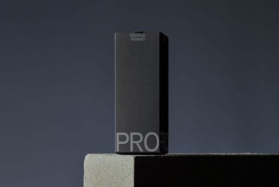 Packaging mockup of a black vertical box with branding space standing on a stone slab, elegantly lit for design presentations.