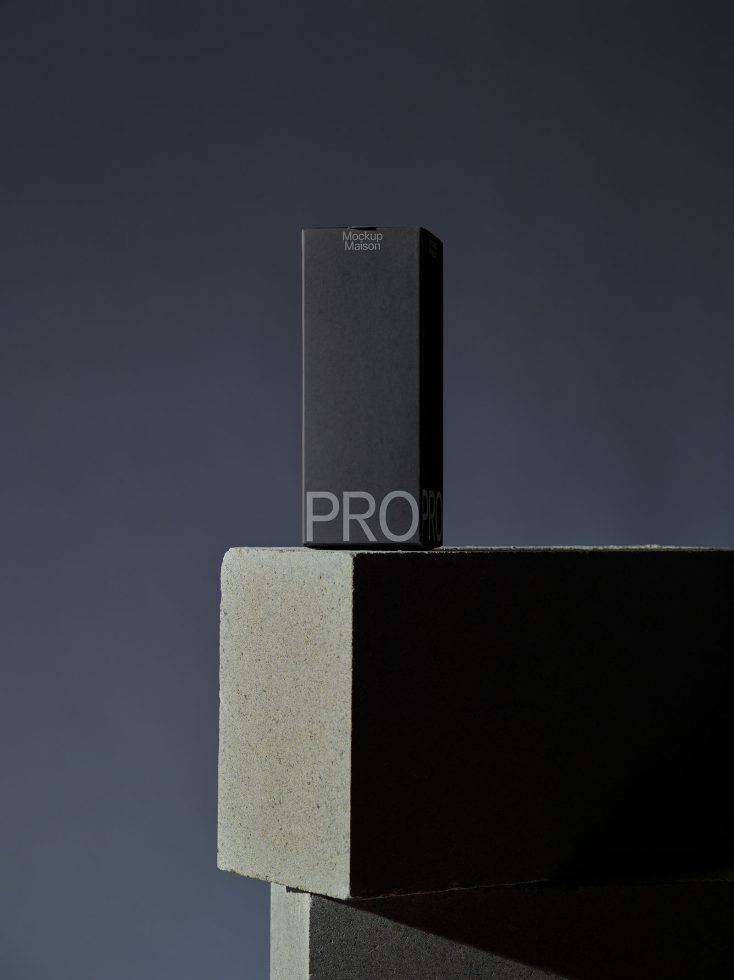 Professional box packaging mockup on a minimalistic pedestal for design presentation and portfolio showcase, ideal for graphic designers.