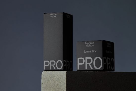 Elegant product packaging mockup featuring two sizes of square boxes with minimal branding on a textured pedestal, ideal for design presentations.