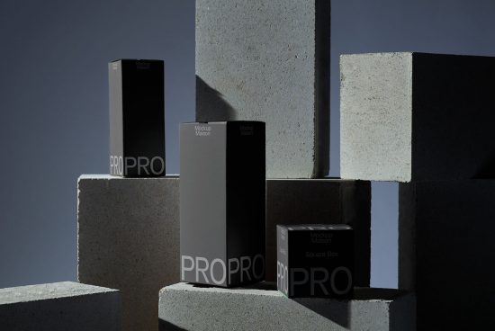 Elegant product mockup boxes on concrete blocks with dramatic lighting for designers, perfect for presentations and portfolios.