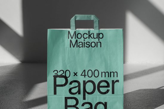 Green paper bag mockup with shadows, realistic packaging design mockup for branding, graphic design presentations, download for commercial use.