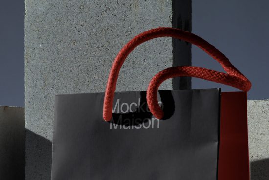 Elegant shopping bag mockup with red handles against a minimalist architectural background, ideal for showcasing branding designs.