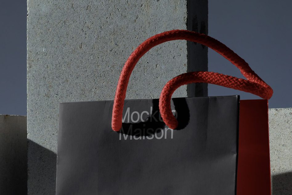Black bag with twisted red rope handles shown against brutalist concrete structure