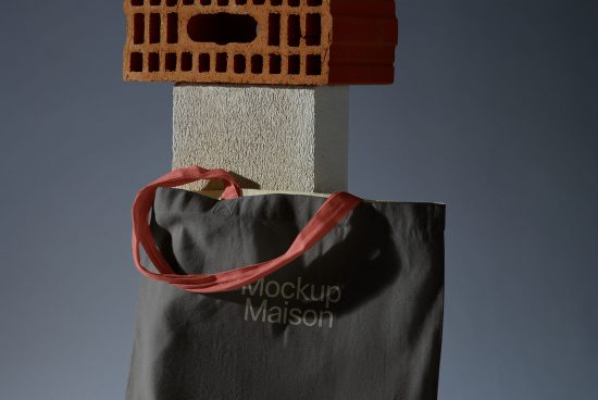 Creative tote bag mockup with artistic shadow play, featuring a red strap, placed against a textured backing and brick, ideal for branding presentations.
