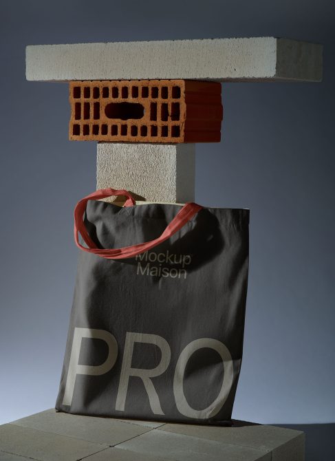 Stylish tote bag mockup on modern concrete stand with bricks, showcasing design versatility and elegance for advertising. Perfect for designers' portfolio display.