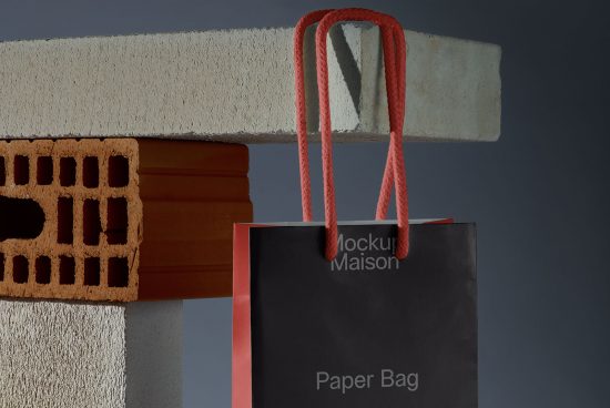 Elegant shopping bag mockup with red handles against a creative backdrop with concrete and brick elements, perfect for design presentations.