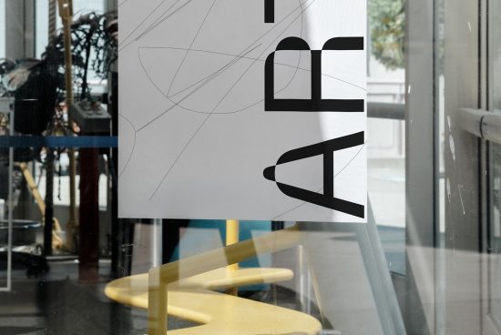 Modern poster design mockup in urban setting with abstract graphics and bold typography, visible through a glass window with reflections.