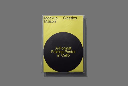 Yellow and black folding poster mockup in cellophane wrap on a gray background, suitable for graphic design presentations and portfolio display.