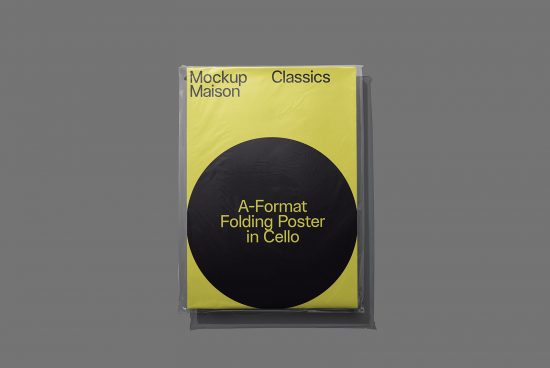 Yellow and black folding poster mockup in cellophane wrap on a gray background, suitable for graphic design presentations and portfolio display.