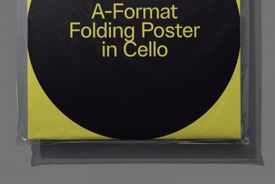 A-Format black and yellow folded poster mockup in cellophane wrapping, perfect for presenting design projects and graphics.