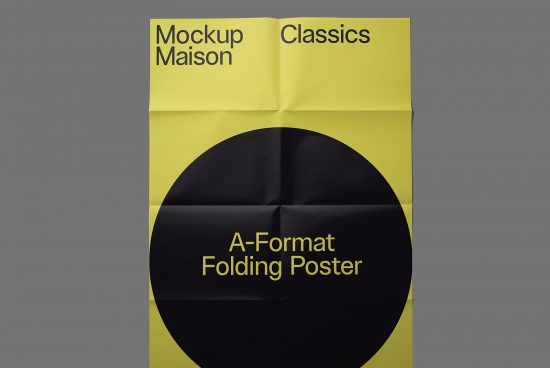 Bold yellow and black A-format folding poster mockup with creases for graphic design presentations and portfolio showcases.