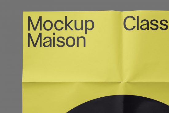Yellow paper mockup folded with bold typography design, close-up view, creative presentation, graphic design asset.