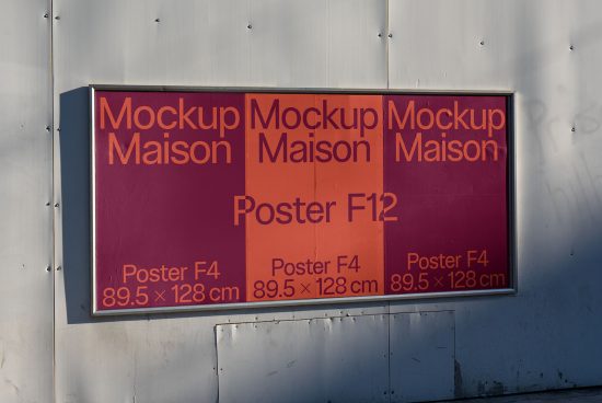 Outdoor billboard mockup for posters displaying text "Mockup Maison Poster F12" with dimensions, suitable for graphics and templates category.
