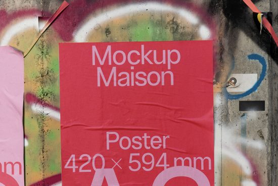 Urban poster mockup on textured wall with graffiti for designers, showcasing bold typography layout at size 420 x 594 mm.