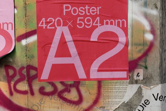 A2 poster mockup on urban wall with graffiti for designers, featuring standard dimensions 420 x 594 mm for graphic display.