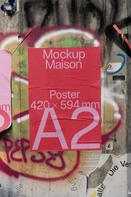 A2 poster mockup on concrete wall with graffiti and torn posters. Urban presentation for design templates, graphic display, and mockups.