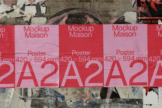 Urban poster mockups on a textured wall with torn poster layers, ideal for realistic design presentations in graphics and templates.
