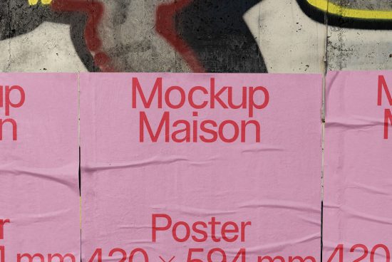 Urban poster mockup with pink posters overlapping on a textured wall, ideal for presenting realistic street-level advertising designs.