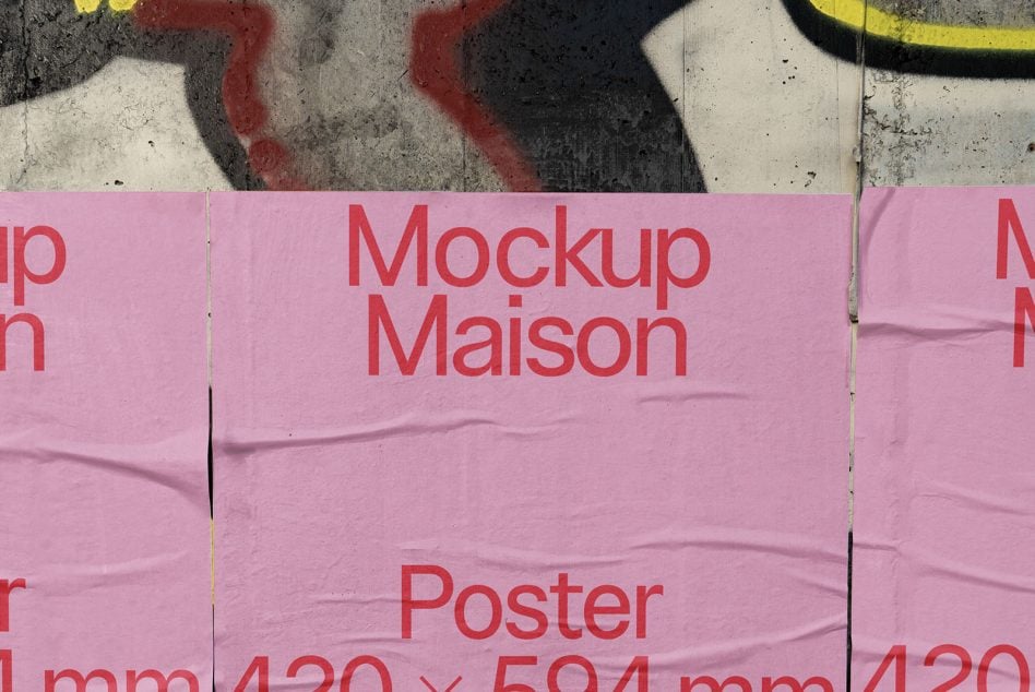 Multiple pink poster mockups arranged on weathered concrete with street art