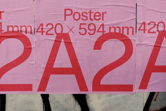 Close-up of red A2 size poster mockups on pink paper with dimensions, ideal for graphic design template display.