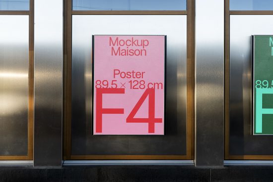Urban poster mockup display on a storefront for graphic designers, showcasing modern design templates suitable for advertisements and branding.