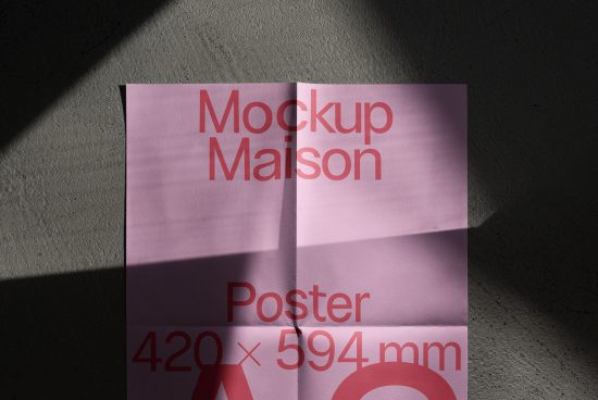 Pink poster mockup with shadow overlay and typography for logo presentation, 420x594 mm, ideal for graphic design and advertising layouts.