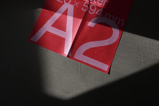 Red A2 paper mockup with shadow, graphic design, print template, realistic texture, creative background for designers.