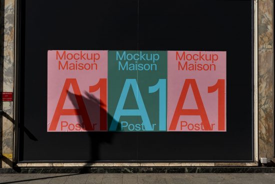 Urban poster mockup display in three colors for advertising, graphic design, and typography presentations. Shadow overlay adds a realistic touch.