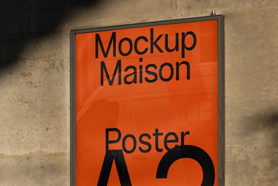 Orange poster mockup displayed on a wall, ideal for graphic design presentations and urban style template showcases.