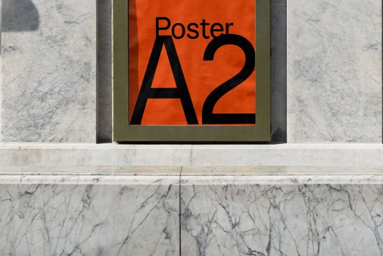 Wall-mounted poster frame A2 mockup on a marble wall for graphic designers, presentation template, realistic display.