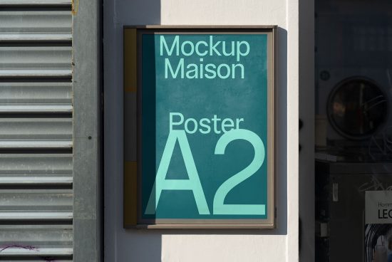 Vertical poster mockup in a shadowed frame on an exterior wall, showcasing modern typography design under daylight, ideal for graphic presentations.