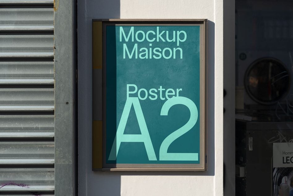 Framed teal poster in wood border hung on white wall next to metal shutter