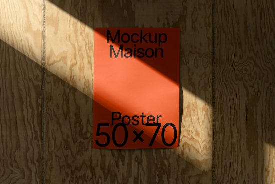 Poster mockup on wood texture with natural light shadow, design presentation 50x70 cm, perfect for showcasing typography and graphic layouts.