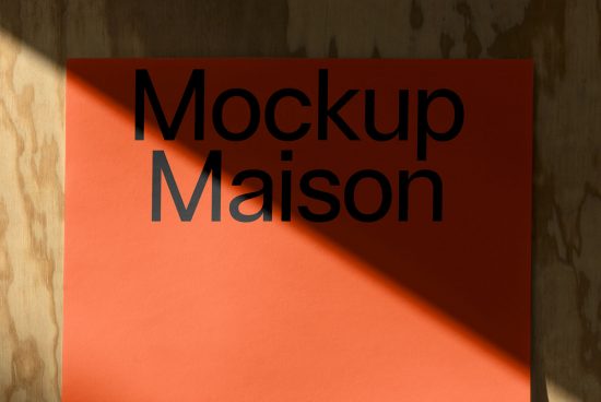 Elegant paper mockup with sunlight shadow effect, displaying bold typography design 'Mockup Maison' on orange background.