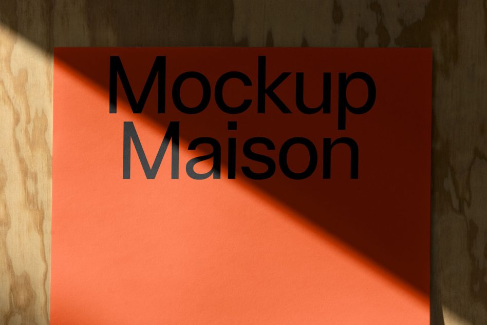Bright orange poster with dark text on wooden floor surface natural light
