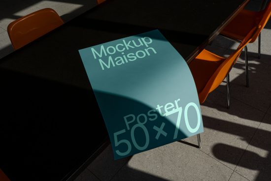 Realistic poster mockup on table in sunlight for presentation, displaying text "Mockup Maison Poster 50x70", ideal for designers, templates.