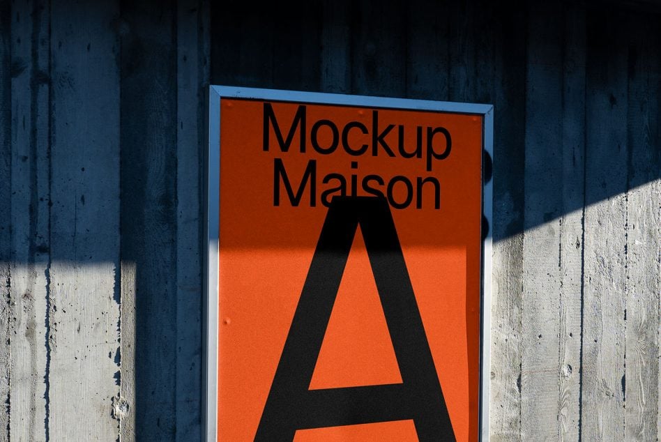 Orange poster with black text on concrete wall with industrial metal door frame