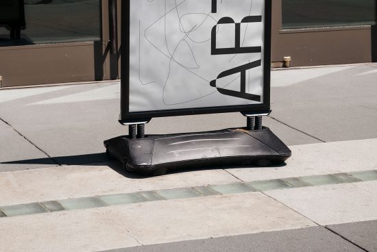 Pavement sign mockup with abstract graphics on urban street scenery for designers to showcase advertising designs.