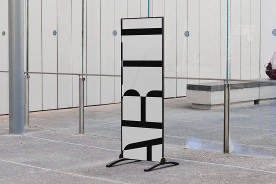 Vertical street banner mockup on a sidewalk for outdoor advertising design presentation, urban environment, ready-to-use template.