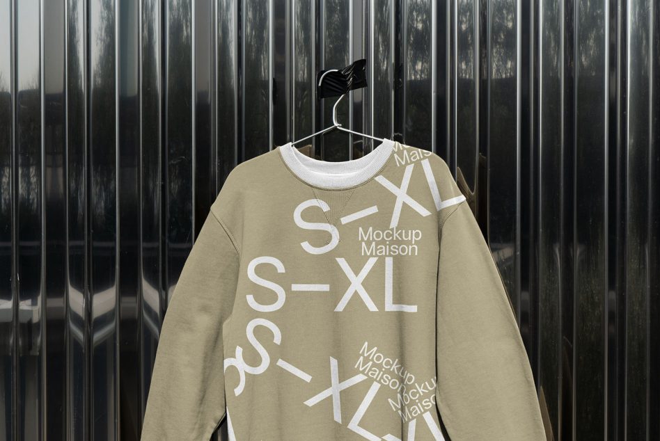 Beige crewneck sweatshirt on hanger with overlapping white text layout design