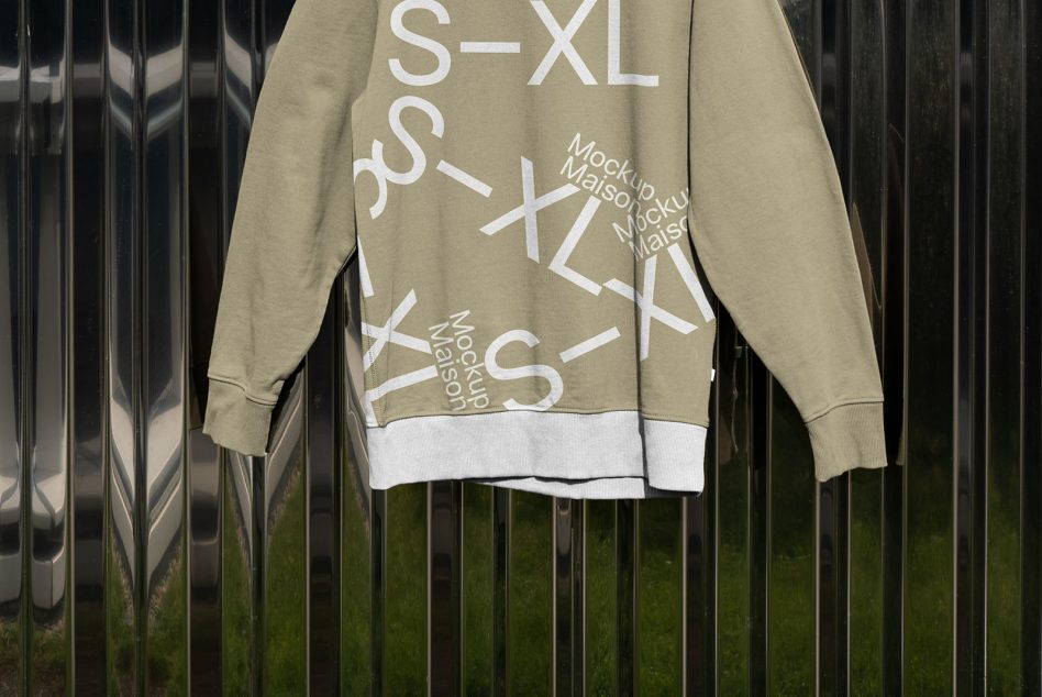 Beige sweatshirt back view on metal fence showing size range print