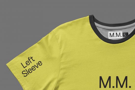 Mockup of a lime green t-shirt with label design, focus on left sleeve and collar, customizable garment template for fashion showcase.