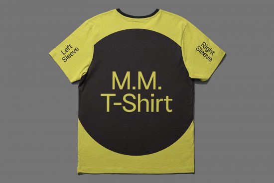 Customizable t-shirt mockup in yellow and black with a bold design, labeled sleeves, ideal for apparel presentations and fashion design.